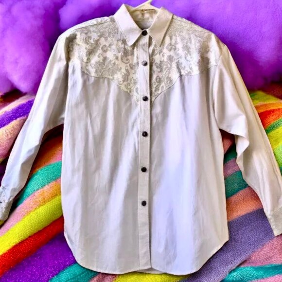 Longhorn Western Shirt Womens Medium White Button Up Long Sleeve Pretty - Picture 1 of 15